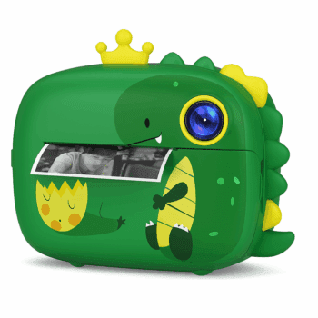 Cámara infantil verde Oog Kids DinoPrint con diseño de dinosaurio y corona amarilla sobre fondo blanco.